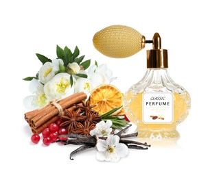 Image of Bottle of perfume, flowers and spices on white background