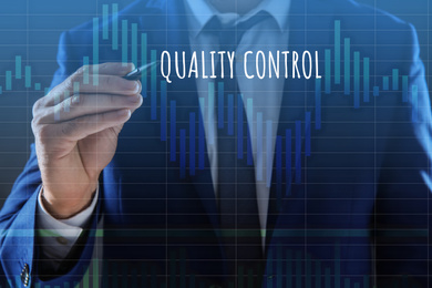 Quality control service. Businessman using virtual screen, closeup