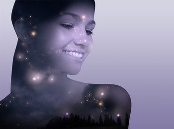 Double exposure of beautiful woman and landscape with starry sky on light background. Astrology concept
