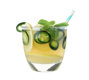 Photo of Spicy cocktail with jalapeno, lemon and mint isolated on white