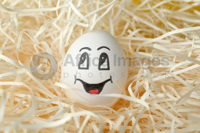 Egg with drawn happy face in straw, closeup