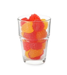 Delicious gummy raspberry candies in glass on white background