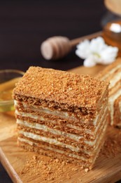 Delicious layered honey cake served on wooden board, closeup