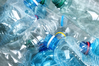 Many plastic bottles as background, closeup. Recycle concept