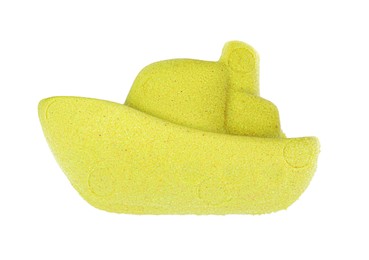 Ship made of kinetic sand on white background, top view