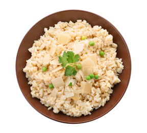 Photo of Delicious risotto with cheese isolated on white, top view