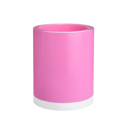 Pink plastic holder isolated on white. Stationery for school