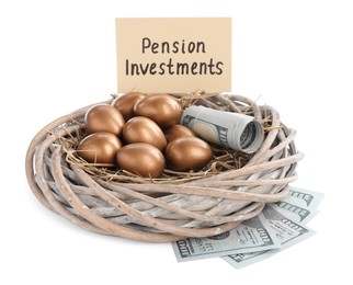 Many golden eggs in nest, money and card with phrase Pension Investments on white background