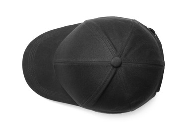 Stylish black baseball cap on white background, top view