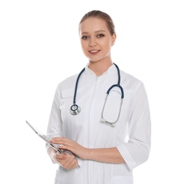 Portrait of medical doctor with stethoscope and tablet isolated on white
