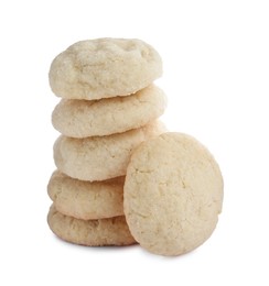 Many tasty sugar cookies isolated on white