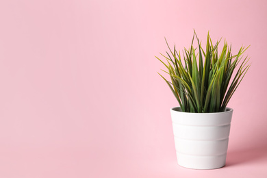Beautiful artificial plant in flower pot on pink background, space for text