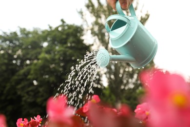 Man irrigating blooming plant with light blue watering can outdoors, closeup