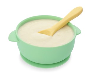 Healthy baby food in bowl on white background