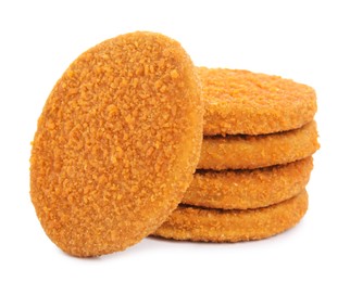 Uncooked breaded cutlets on white background. Freshly frozen semi-finished product