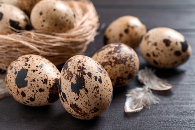 Quail eggs and feathers near nest on wooden table, closeup