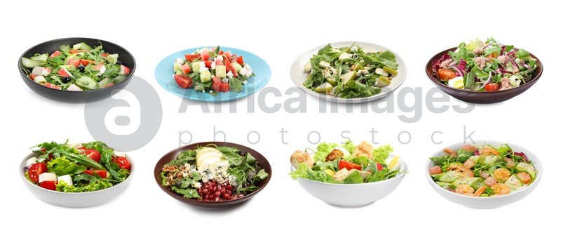 Set with different tasty salads on white background. Banner design