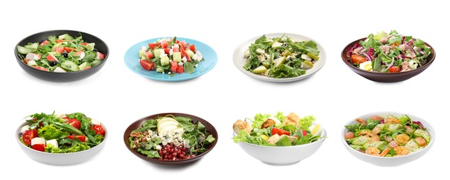 Set with different tasty salads on white background. Banner design