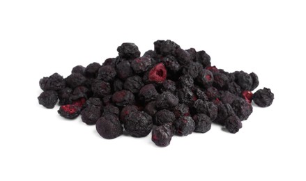 Pile of freeze dried blueberries on white background