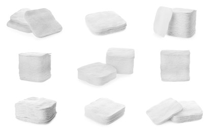 Set with stacks of cotton pads on white background
