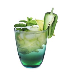 Photo of Spicy cocktail with jalapeno, carambola and mint isolated on white