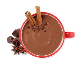 Photo of Yummy hot chocolate with cinnamon in red cup on white background, top view