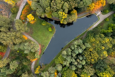 Aerial view of beautiful autumn park with artificial pond