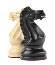 Different knights on white background. Chess pieces