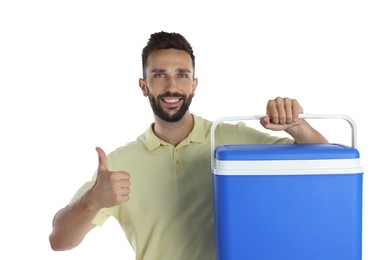Happy man with cool box showing thumb up on white background