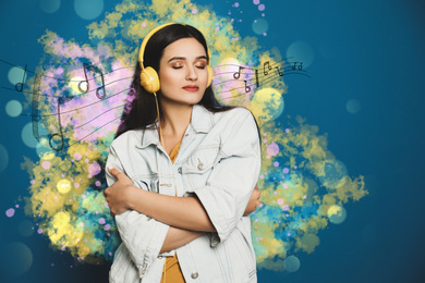 Young woman listening to music with headphones on blue background. Bright notes illustration