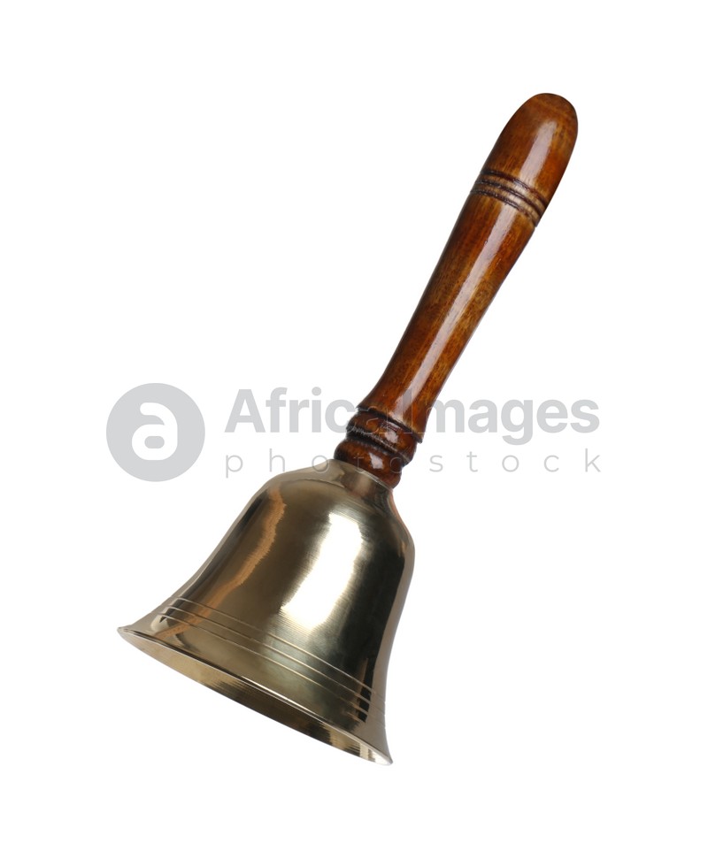 Golden school bell with wooden handle isolated on white