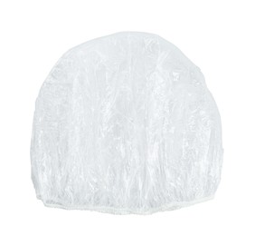 Transparent shower cap on white background, top view