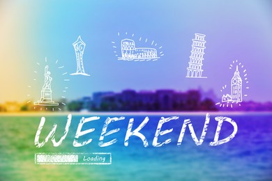 Weekend coming soon. Illustration of progress bar and blurred view of cityscape near sea
