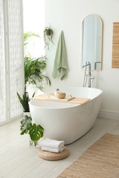 Stylish bathroom interior with modern tub, houseplants and beautiful decor. Home design