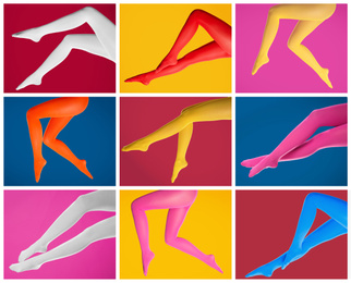 Collage of women wearing different bright tights on color backgrounds, closeup