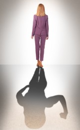 Image of Businesswoman and shadow of strong muscular lady behind her on light background. Concept of inner strength