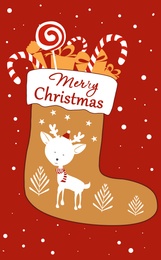 Festive card design. Christmas stocking with text Merry Christmas on red background