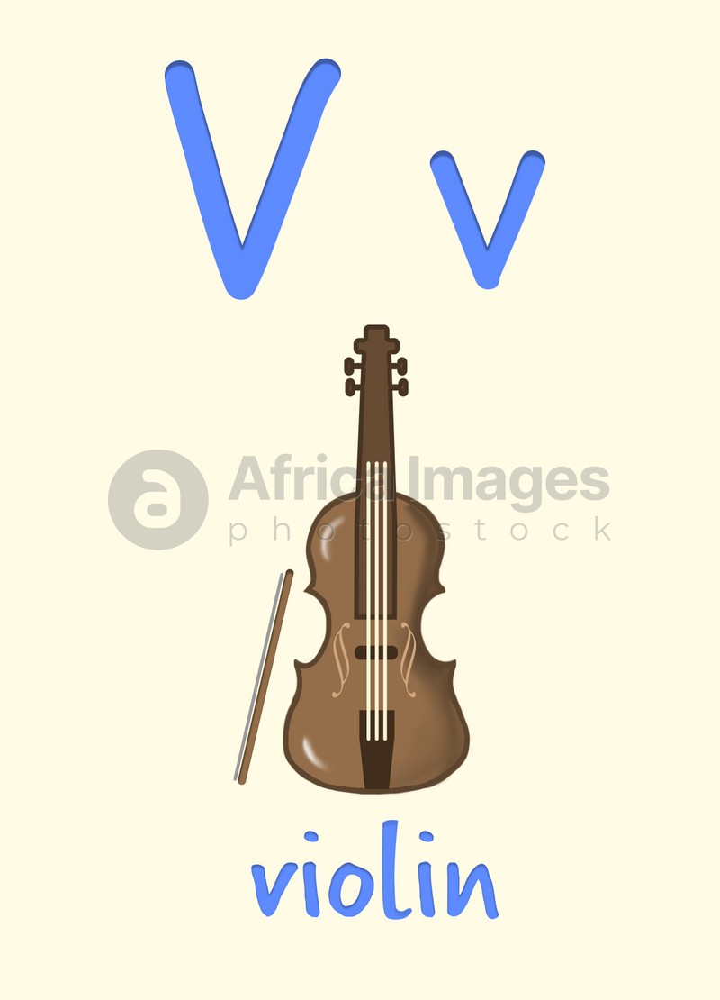 Learning English alphabet. Card with letter V and violin, illustration