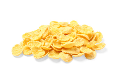 Tasty crispy corn flakes isolated on white