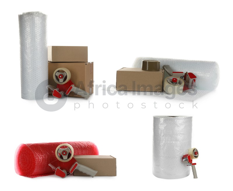 Set with bubble wrap rolls, cardboard boxes and tape dispensers on white background