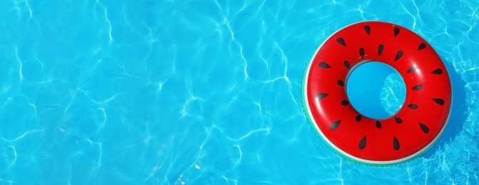 Inflatable ring floating in swimming pool on sunny day, top view with space for text. Banner design