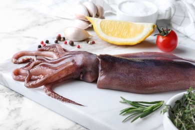 Fresh raw squid served on white marble table, closeup