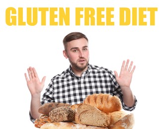 Image of Gluten free diet. Man refusing from bakery products on white background