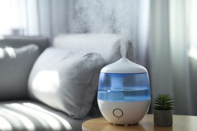 Modern air humidifier and houseplant on table in living room. Space for text