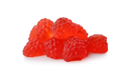 Pile of delicious gummy raspberry candies on white background