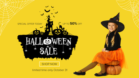 Image of Halloween sale ad design with little girl dressed as witch on yellow background