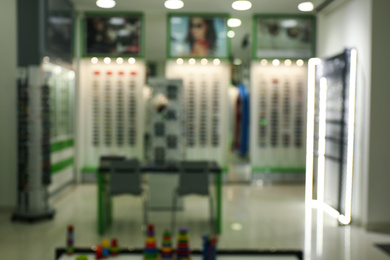 Photo of Blurred view of optical store in shopping mall. Bokeh effect