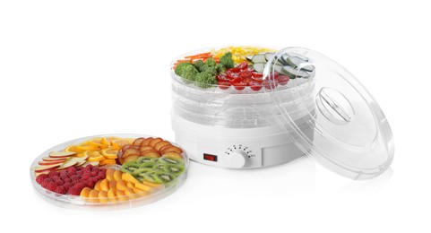 Modern dehydrator machine with different fruits and vegetables on white background