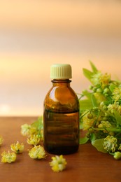 Bottle of essential oil and linden blossoms on wooden table against blurred background