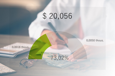 Image of Forex trading. Woman with money at table and chart, closeup